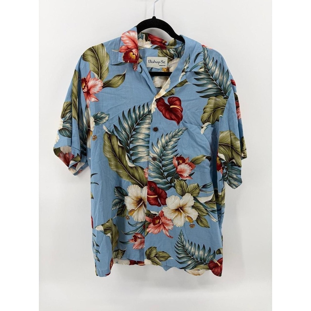 Bishop St Apparel Hawaiian Shirt, Blue Tropical Floral 100% Rayon, Men's Size XL